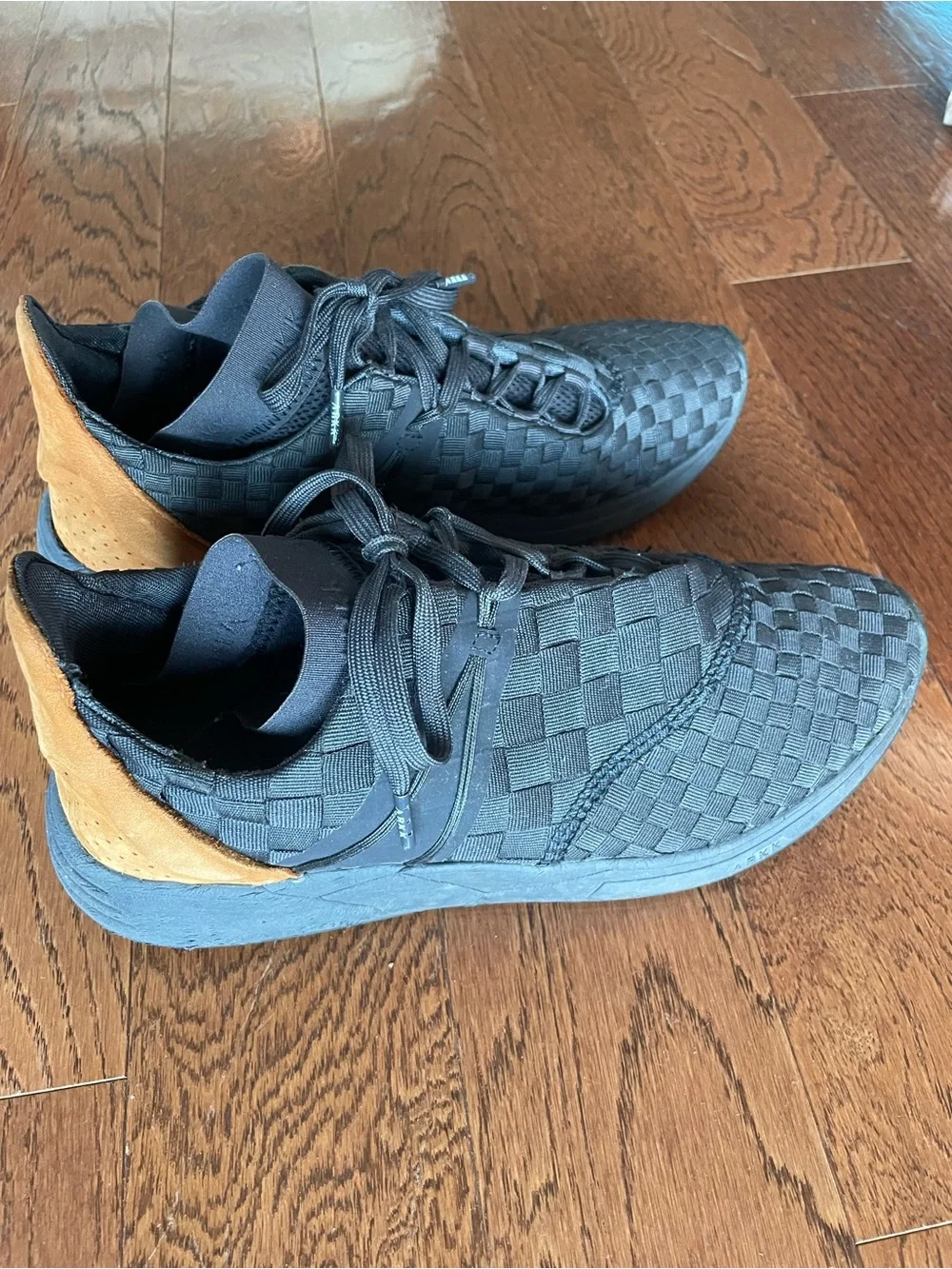 UniSex Dark Blue Woven Sneakers with Tan Heel Accent